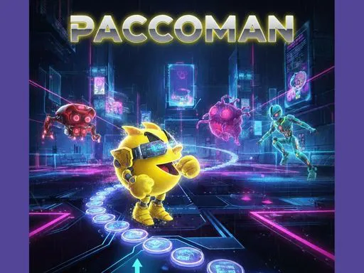 Hard Neon Paccoman advanced AI ghost tracking and complex labyrinth navigation