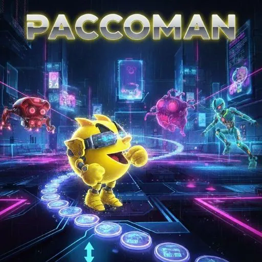 Hard Neon Paccoman retro-futuristic arcade interface and glowing environmental details