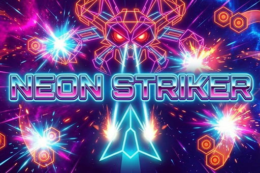 Gameplay showing a glowing ship battling waves of alien enemies in NEON STRIKER