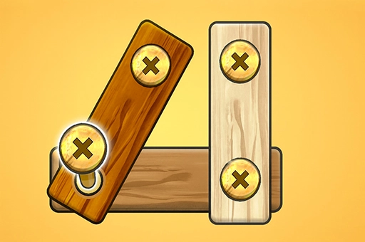 Untangle the mess in Nut Bolt Screw Puzzle Game Intricate mechanical puzzle showing wooden plates held by numerous bolts in Nut Bolt Screw Puzzle Game